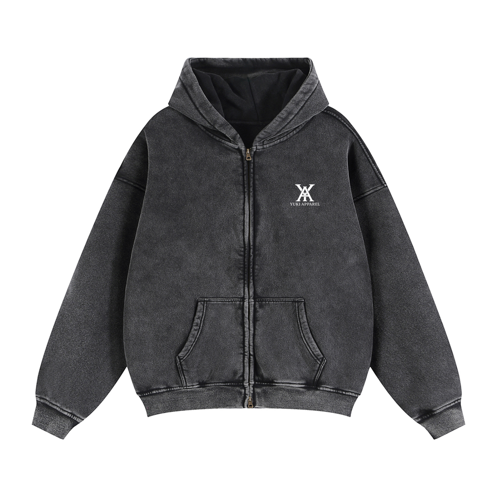 The Founders Circle Charcoal Snow Washed 2-Way Zip Boxy Fleece Hoodie