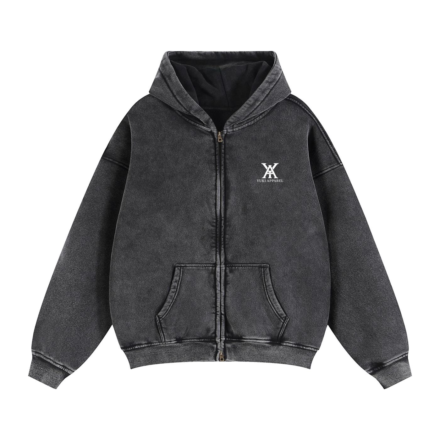 The Founders Circle Charcoal Snow Washed 2-Way Zip Boxy Fleece Hoodie